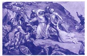 revoltespiemont Ce dessin, exécuté d'après la fresque qui orne l'église de Trivero, près de Biella, rappelle l'arrestation de Dolcino et de sa compagne Margherita par les troupes épiscopales le Jeudi saint 1307.